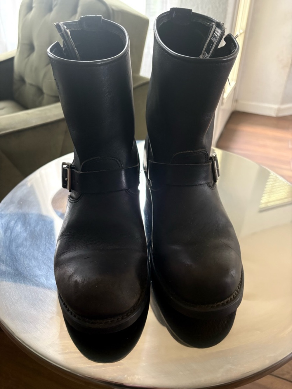 FRYE Black Oiled Leather Moto Biker Work Boots Womens Sz 8.5 - Picture 2 of 10